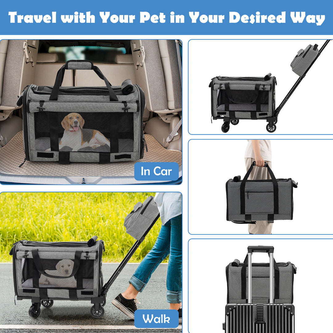 Cat Carrier with Wheels Large Rolling Cat Dog Carrier w/Telescopic Handle Grey Image 5