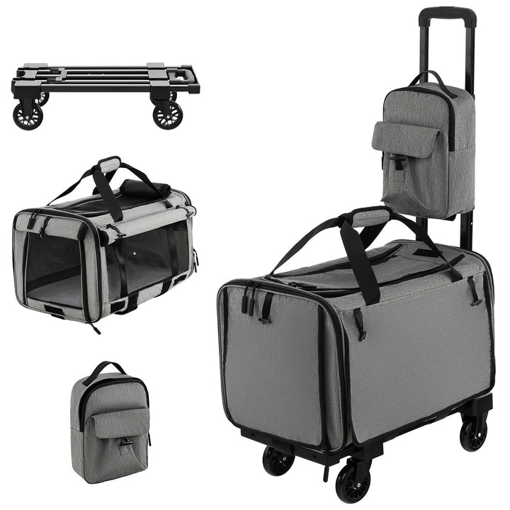 Cat Carrier with Wheels Large Rolling Cat Dog Carrier w/Telescopic Handle Grey Image 10