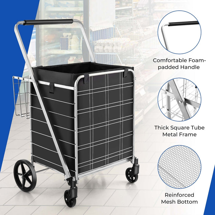 Folding Shopping Cart Jumbo Upgraded Utility Grocery Cart w/ Waterproof Liner Image 10