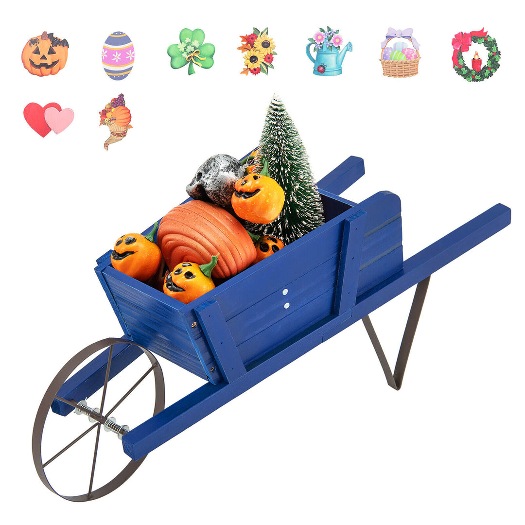 Wooden Wagon Planter Decorative Indoor/Outdoor Rustic Flower Cart w/Wheel Blue Image 1