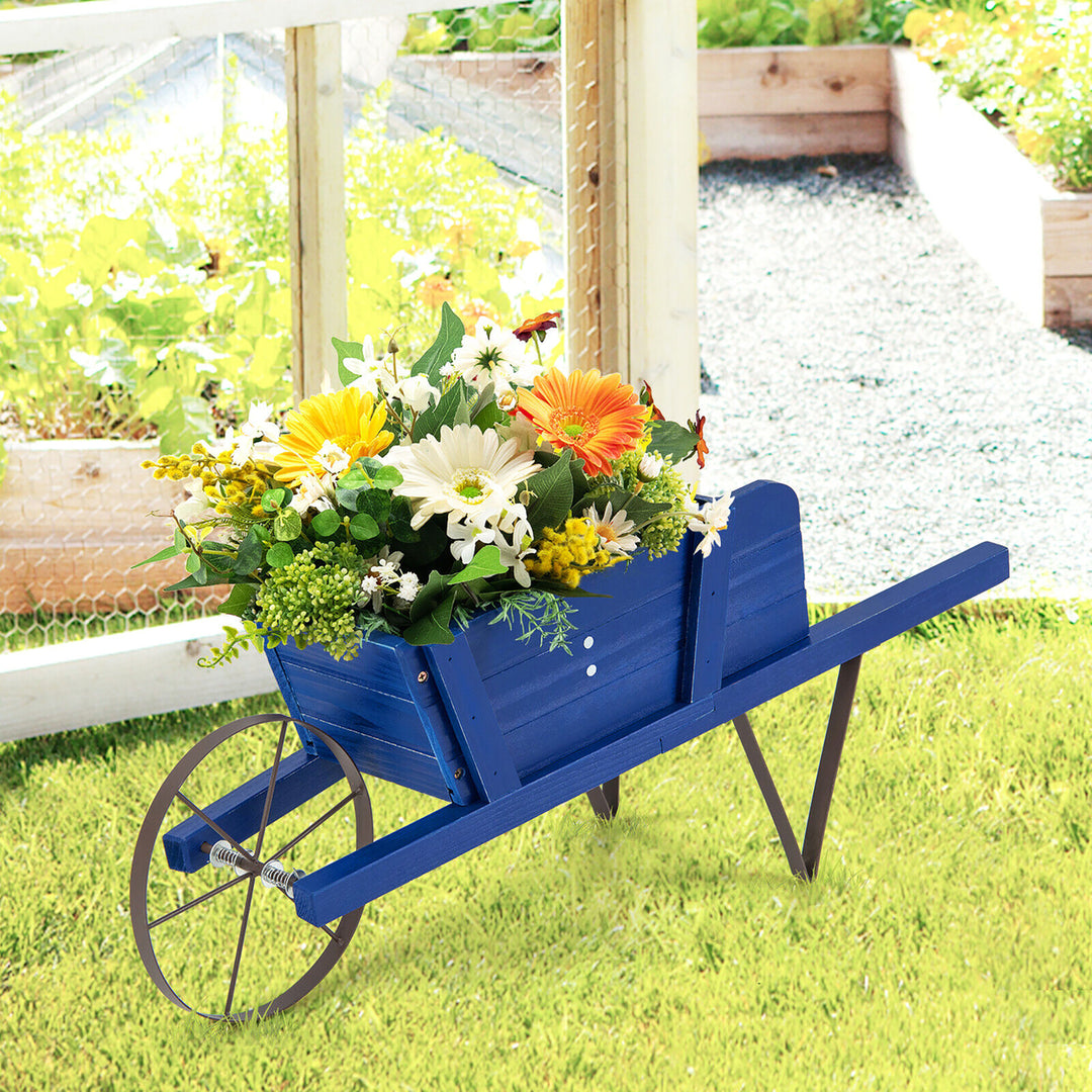 Wooden Wagon Planter Decorative Indoor/Outdoor Rustic Flower Cart w/Wheel Blue Image 2