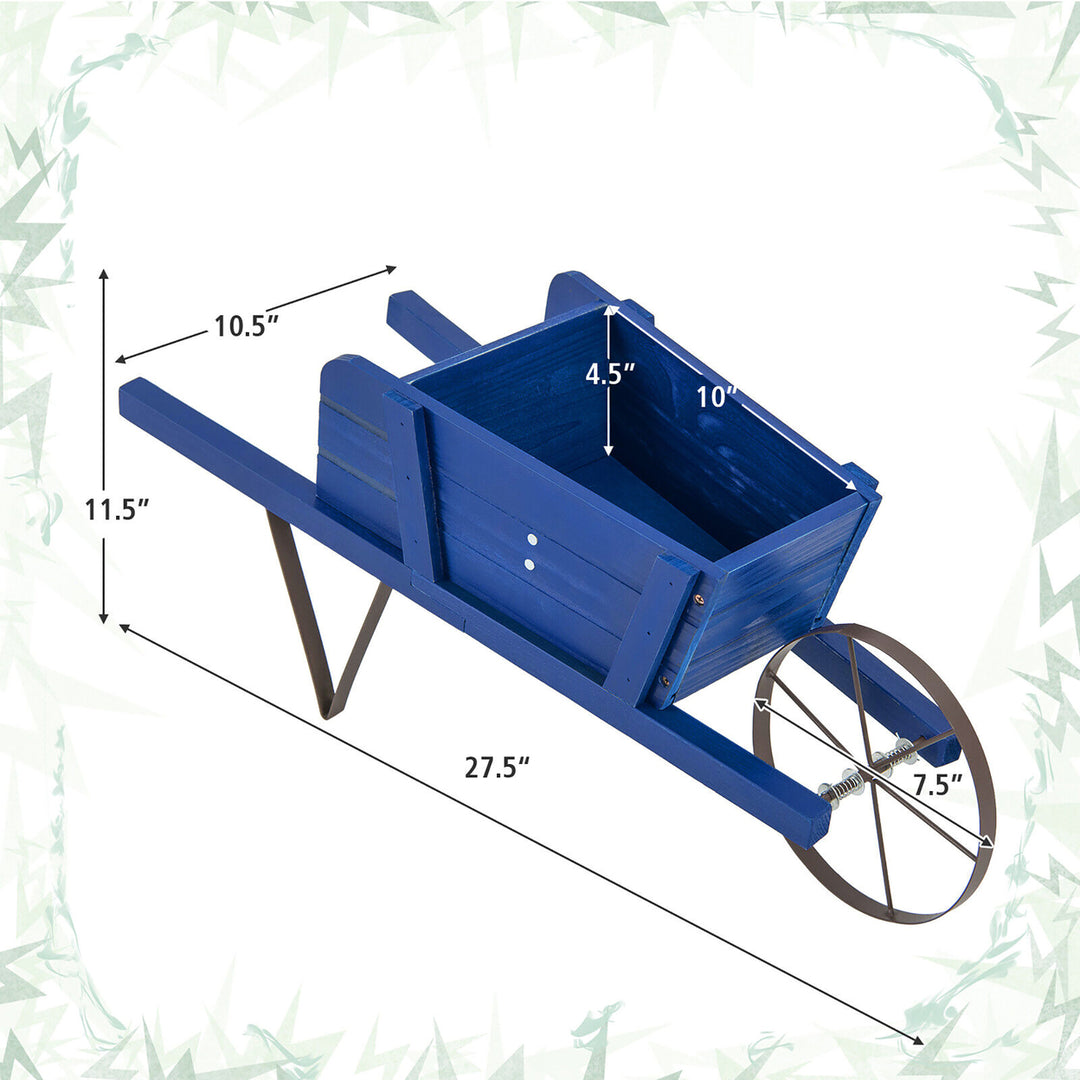 Wooden Wagon Planter Decorative Indoor/Outdoor Rustic Flower Cart w/Wheel Blue Image 3