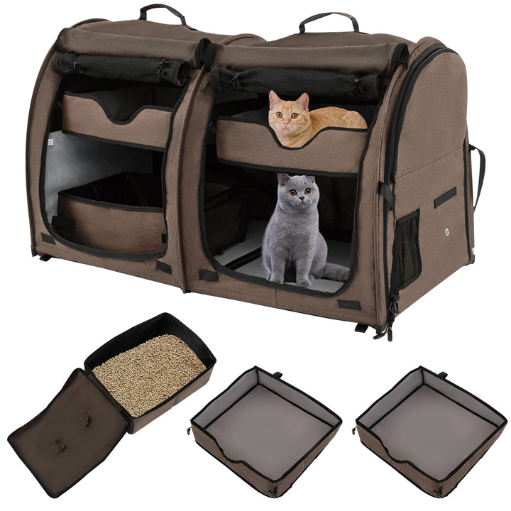 Portable Pet Carrier Kennel Cat Dog Crate Twin Compartments w/ Mats Litter Box Brown Image 1