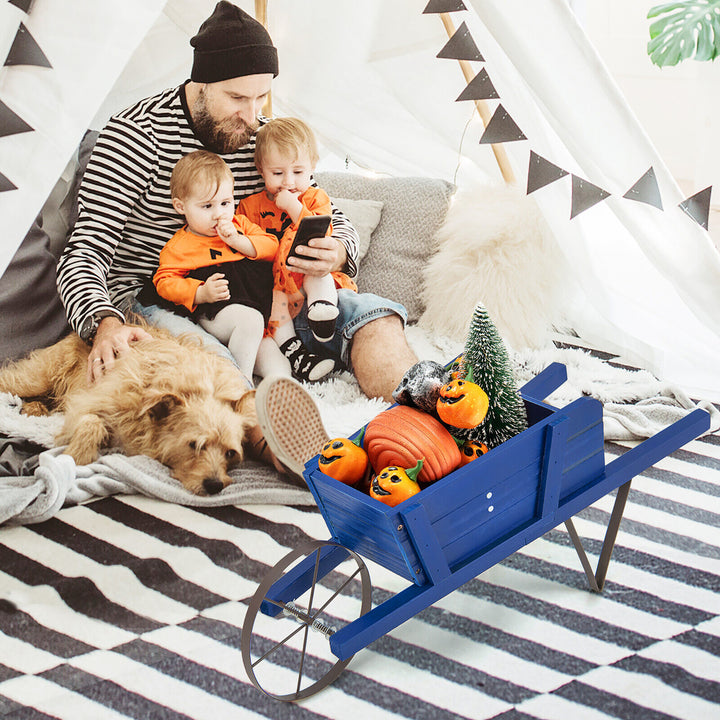 Wooden Wagon Planter Decorative Indoor/Outdoor Rustic Flower Cart w/Wheel Blue Image 5