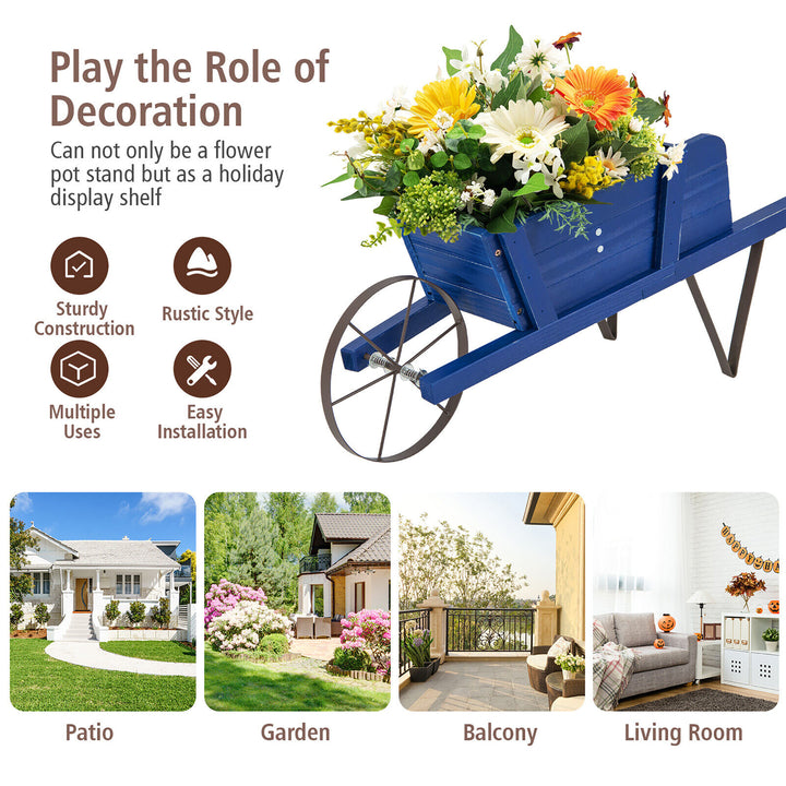 Wooden Wagon Planter Decorative Indoor/Outdoor Rustic Flower Cart w/Wheel Blue Image 6