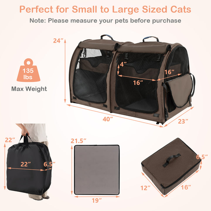 Portable Pet Carrier Kennel Cat Dog Crate Twin Compartments w/ Mats Litter Box Brown Image 3