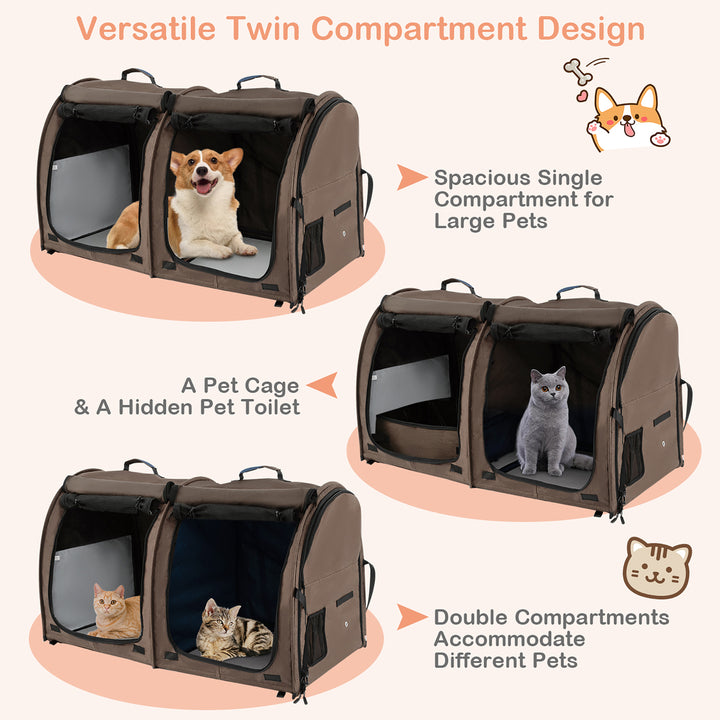 Portable Pet Carrier Kennel Cat Dog Crate Twin Compartments w/ Mats Litter Box Brown Image 4