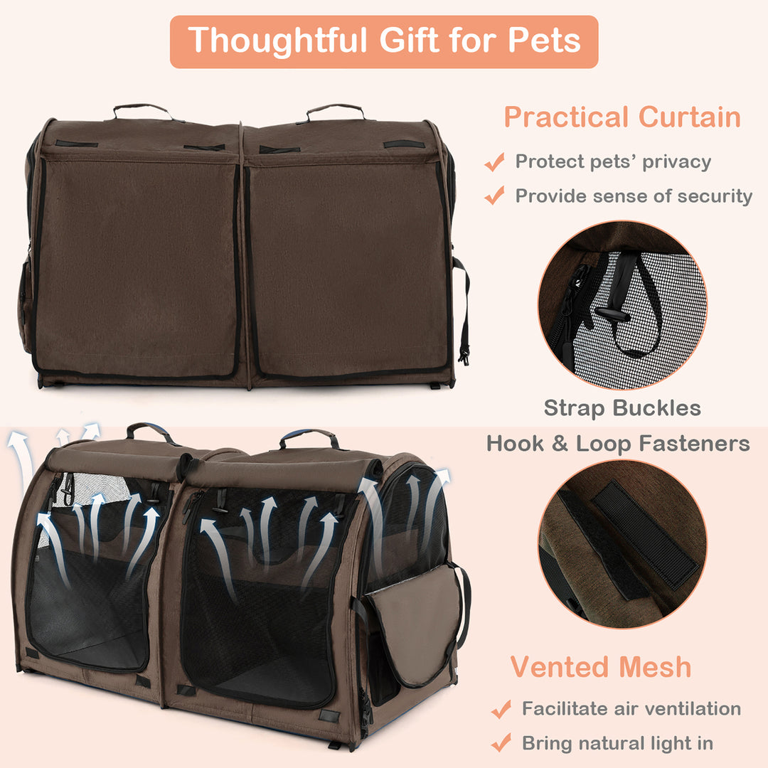 Portable Pet Carrier Kennel Cat Dog Crate Twin Compartments w/ Mats Litter Box Brown Image 5