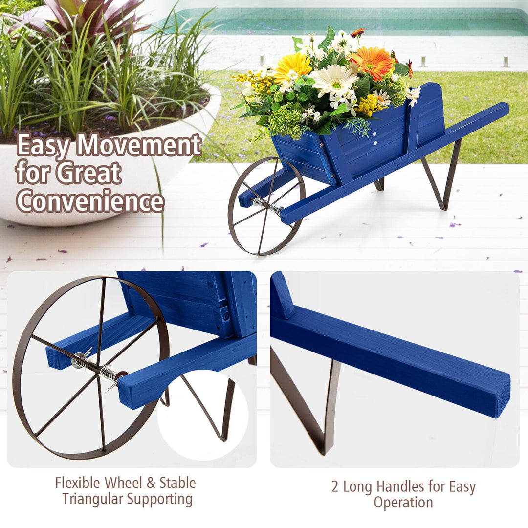 Wooden Wagon Planter Decorative Indoor/Outdoor Rustic Flower Cart w/Wheel Blue Image 8