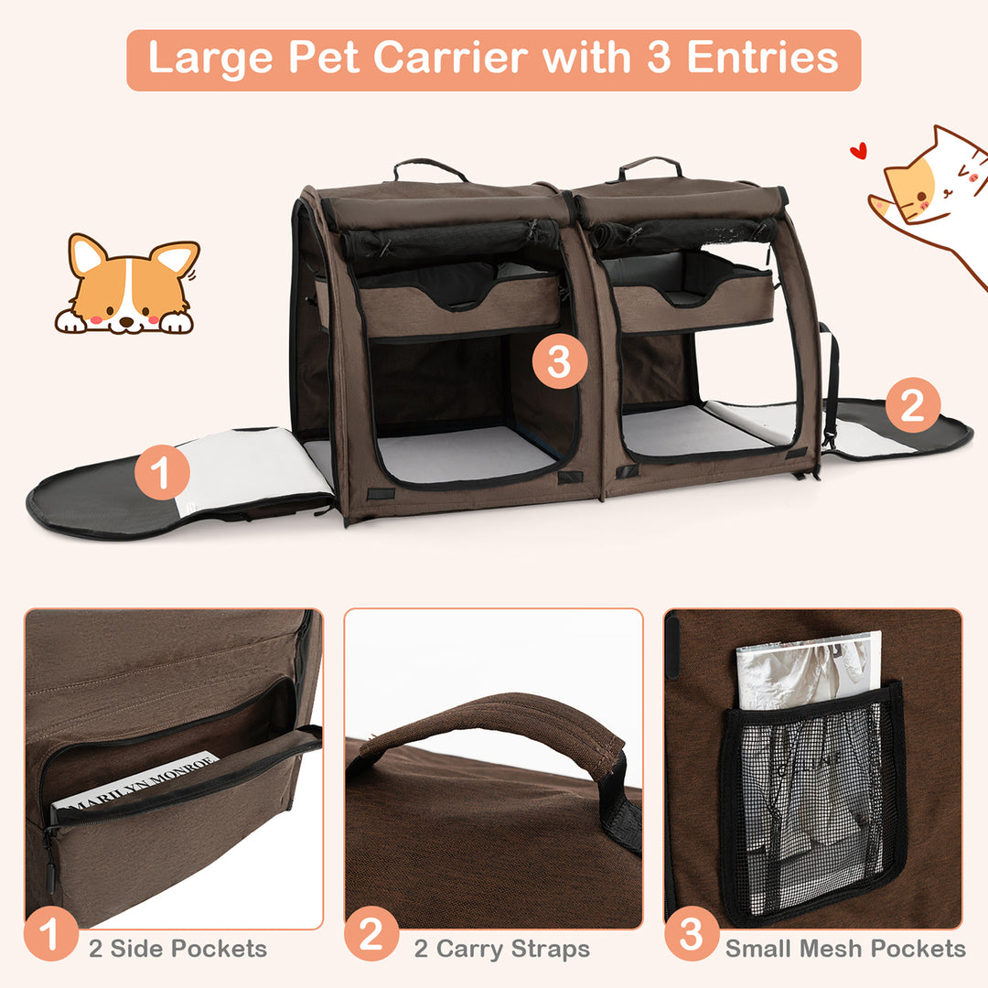 Portable Pet Carrier Kennel Cat Dog Crate Twin Compartments w/ Mats Litter Box Brown Image 7