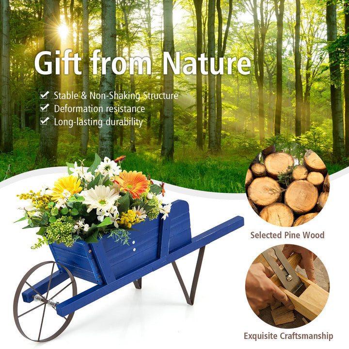 Wooden Wagon Planter Decorative Indoor/Outdoor Rustic Flower Cart w/Wheel Blue Image 9