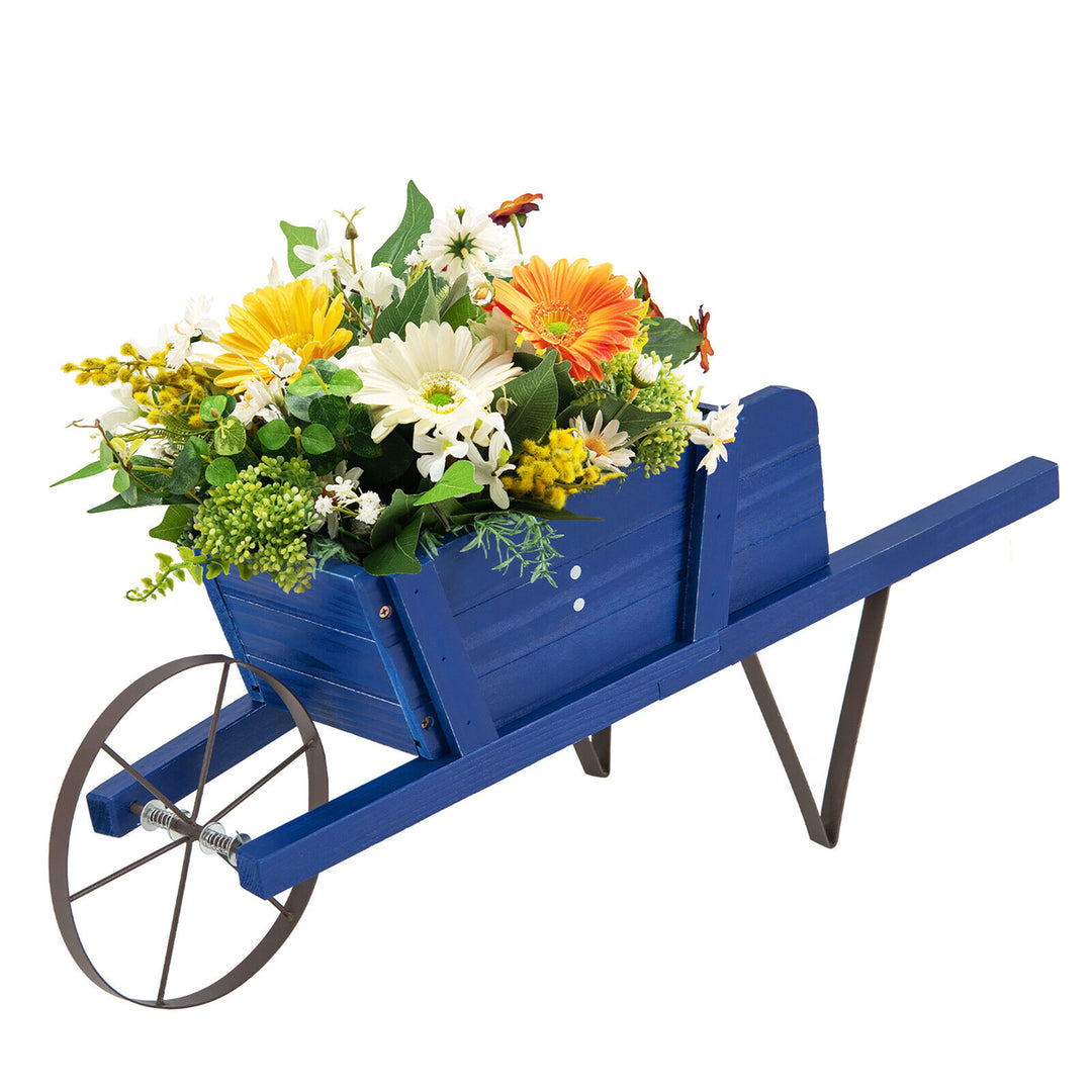 Wooden Wagon Planter Decorative Indoor/Outdoor Rustic Flower Cart w/Wheel Blue Image 10