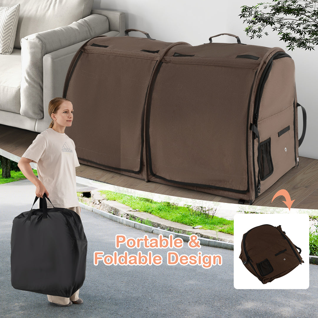 Portable Pet Carrier Kennel Cat Dog Crate Twin Compartments w/ Mats Litter Box Brown Image 8