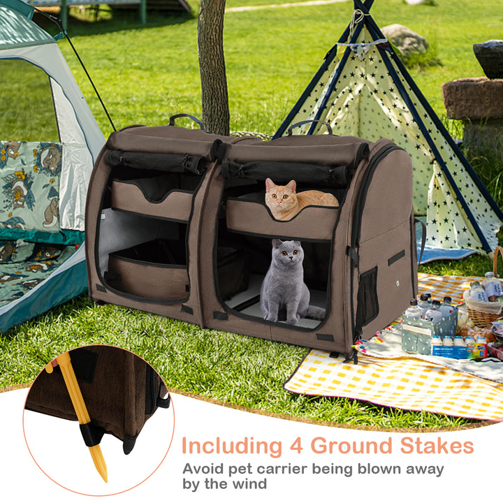 Portable Pet Carrier Kennel Cat Dog Crate Twin Compartments w/ Mats Litter Box Brown Image 9