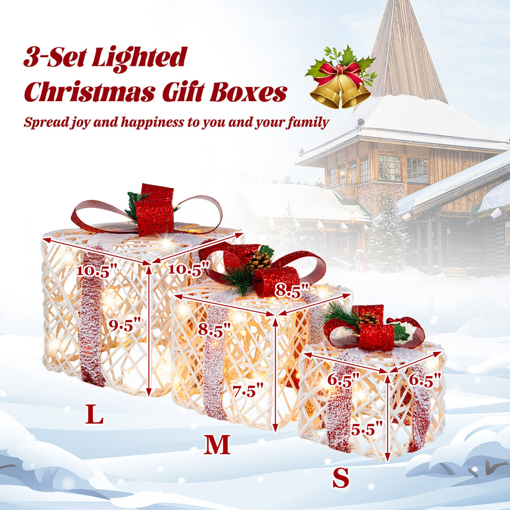 Set of 3 Christmas Present Boxes Festival Lighted Decor Boxes w/ Warm Lights Image 2