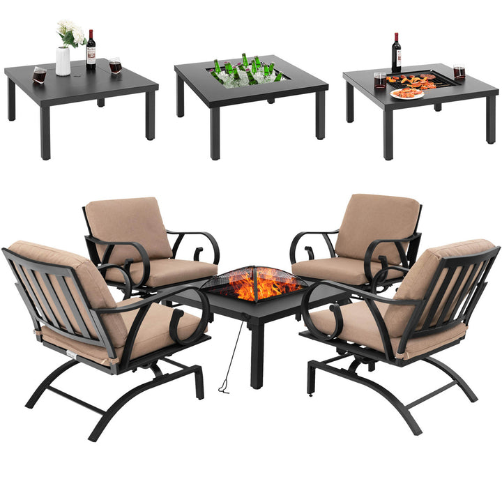 5PCS Cushioned Patio Dining Set Heavy-Duty Rocking Chairs with 4-in-1 Fire Pit Table Image 1