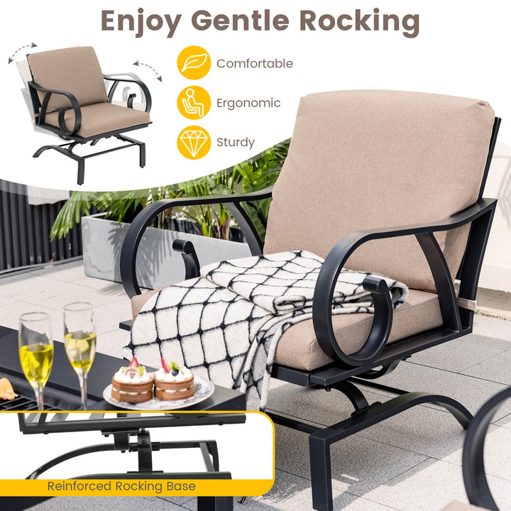 5PCS Cushioned Patio Dining Set Heavy-Duty Rocking Chairs with 4-in-1 Fire Pit Table Image 3