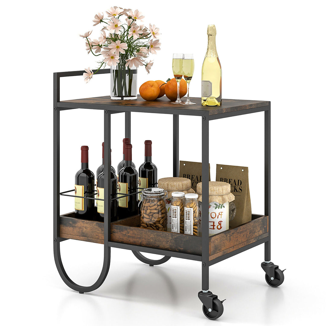 Industrial Bar Cart Rolling Buffet Serving Cart w/ Removable Wine Rack Kitchen Image 1