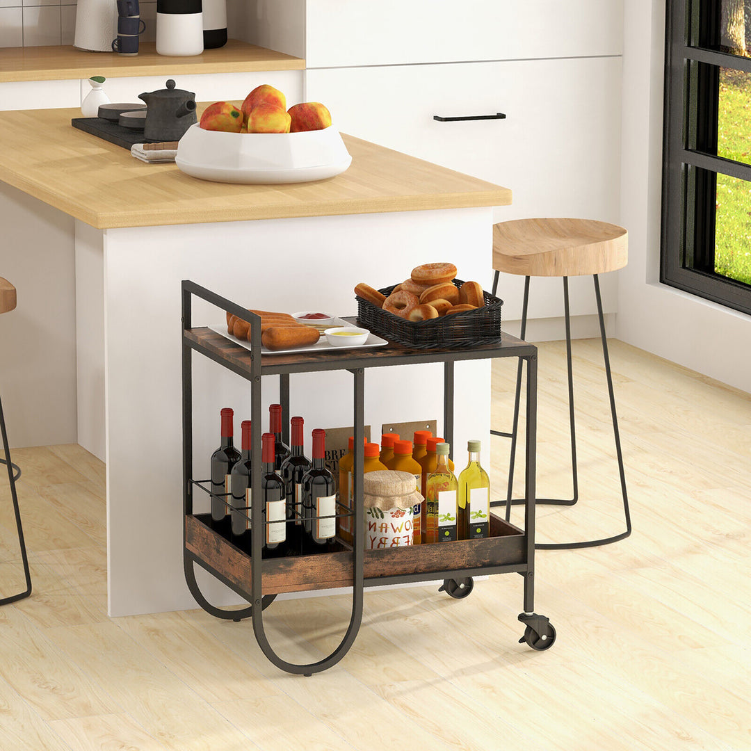 Industrial Bar Cart Rolling Buffet Serving Cart w/ Removable Wine Rack Kitchen Image 2