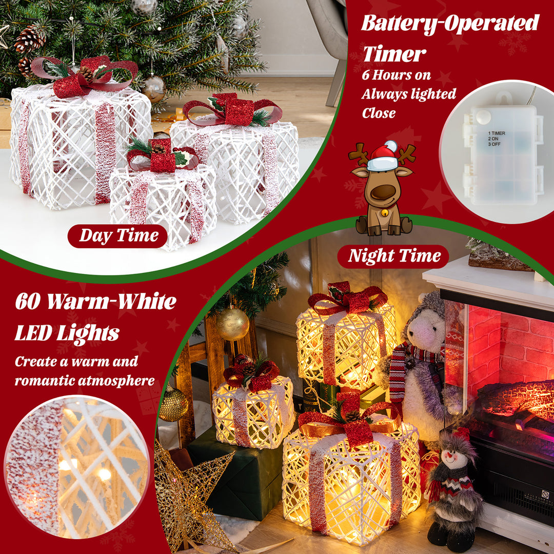 Set of 3 Christmas Present Boxes Festival Lighted Decor Boxes w/ Warm Lights Image 7