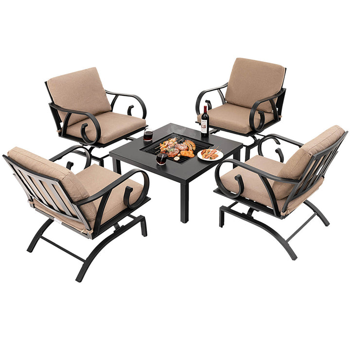 5PCS Cushioned Patio Dining Set Heavy-Duty Rocking Chairs with 4-in-1 Fire Pit Table Image 7