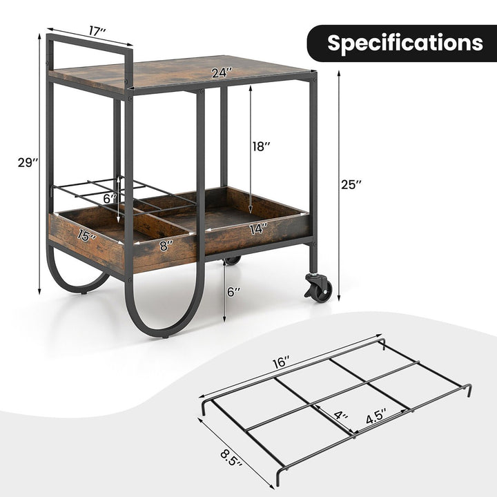 Industrial Bar Cart Rolling Buffet Serving Cart w/ Removable Wine Rack Kitchen Image 3