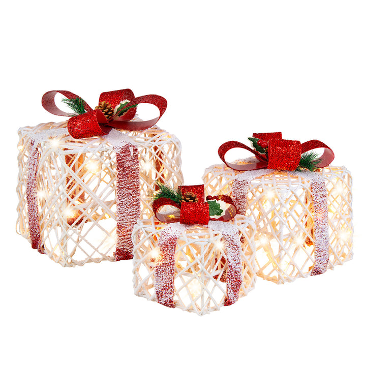 Set of 3 Christmas Present Boxes Festival Lighted Decor Boxes w/ Warm Lights Image 10