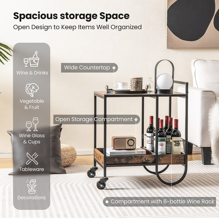 Industrial Bar Cart Rolling Buffet Serving Cart w/ Removable Wine Rack Kitchen Image 6