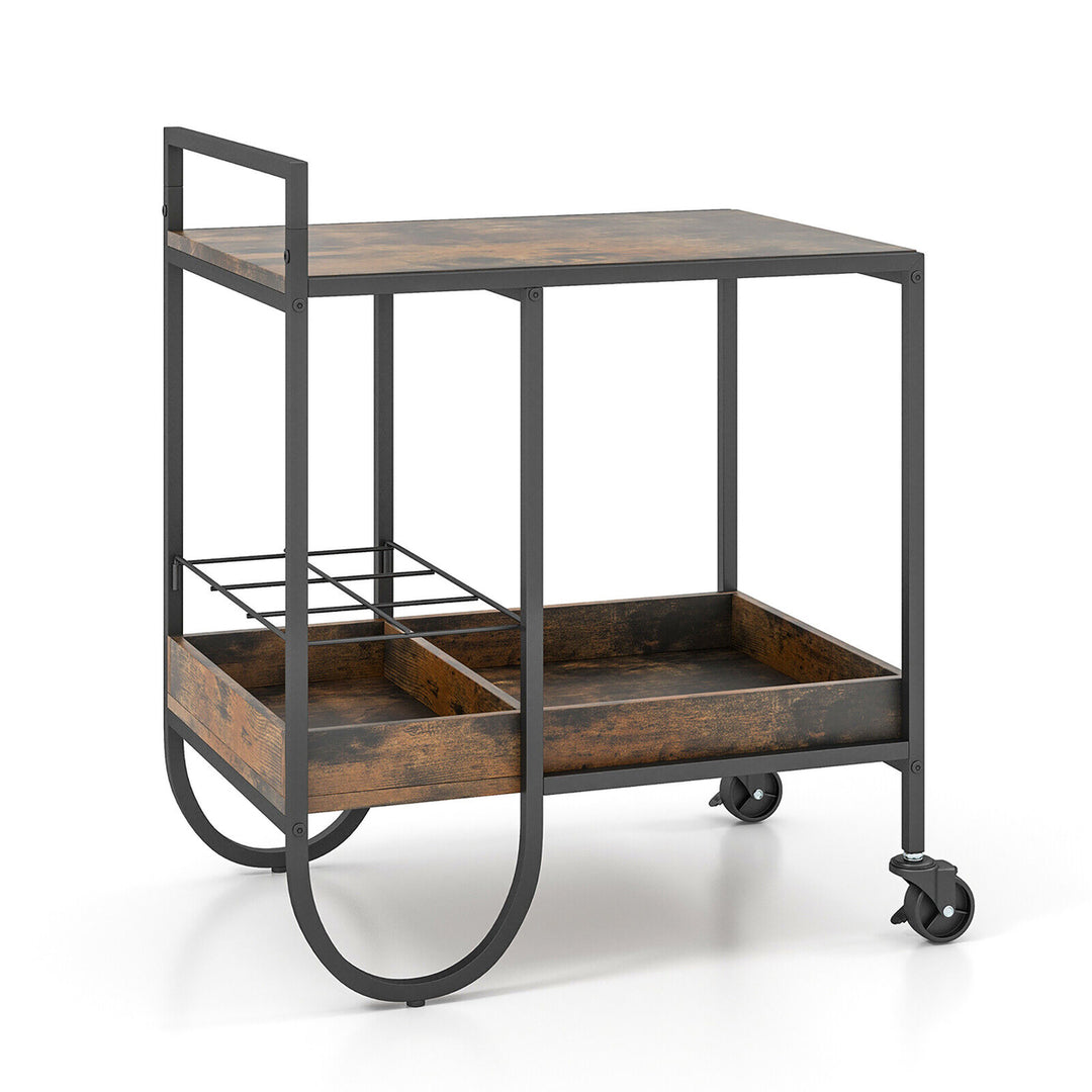 Industrial Bar Cart Rolling Buffet Serving Cart w/ Removable Wine Rack Kitchen Image 10