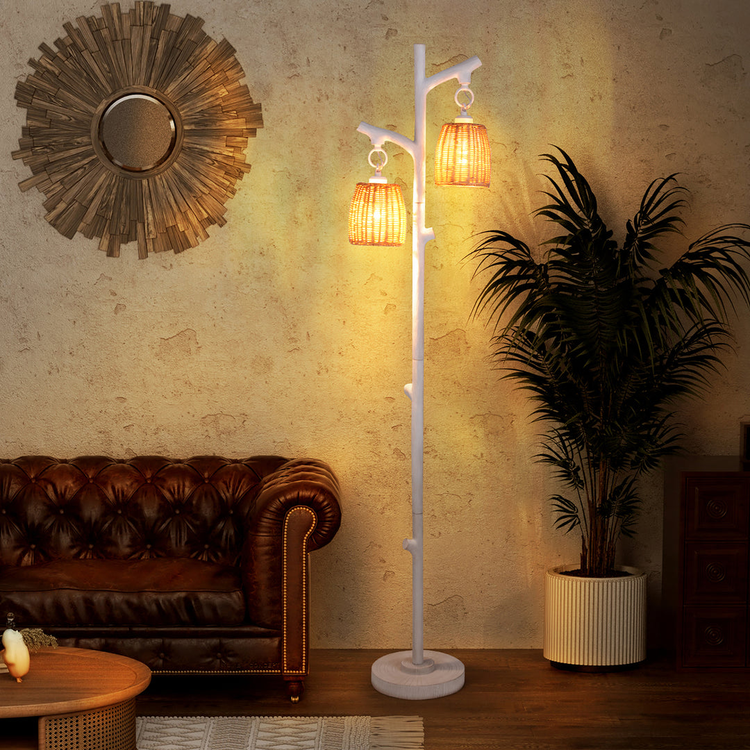 Dimmable Floor Lamp 2 Light Tree Trunk Wicker Shade Wood Grain Tube Living Room Image 2