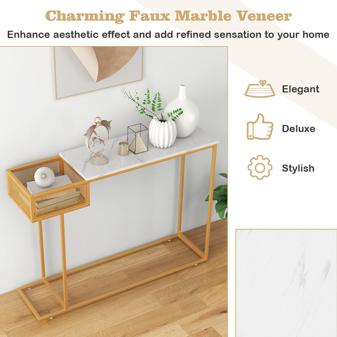 Console Table Faux Narrow Marble Entryway Sofa Table with Storage Wire Basket Image 8