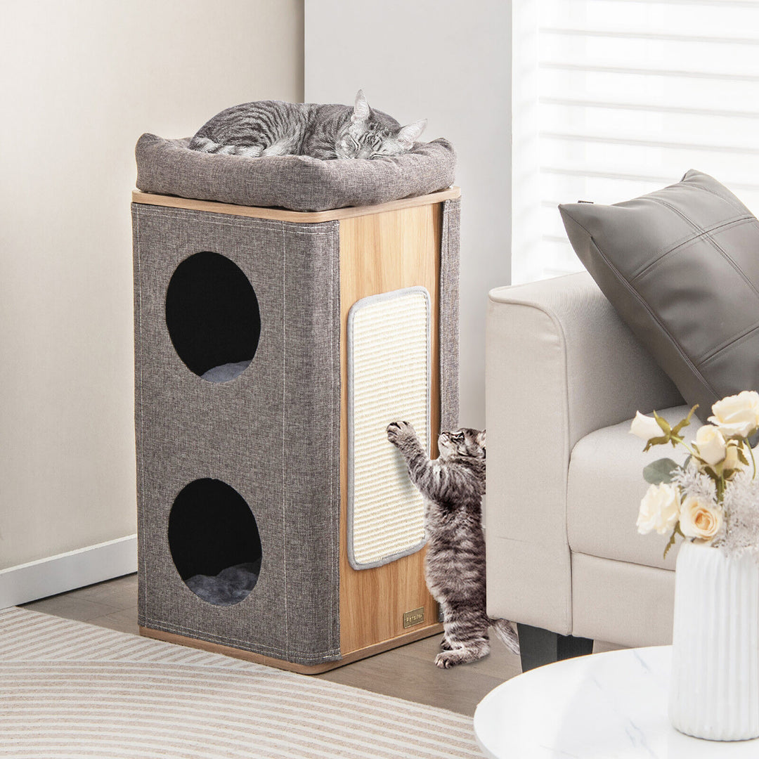 3-Story Cat House Multi-Layer Kitten Condo with Scratching Board Perch Cushions Image 2