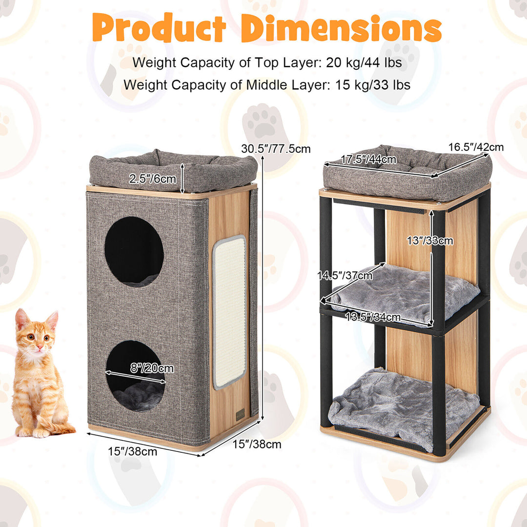 3-Story Cat House Multi-Layer Kitten Condo with Scratching Board Perch Cushions Image 3