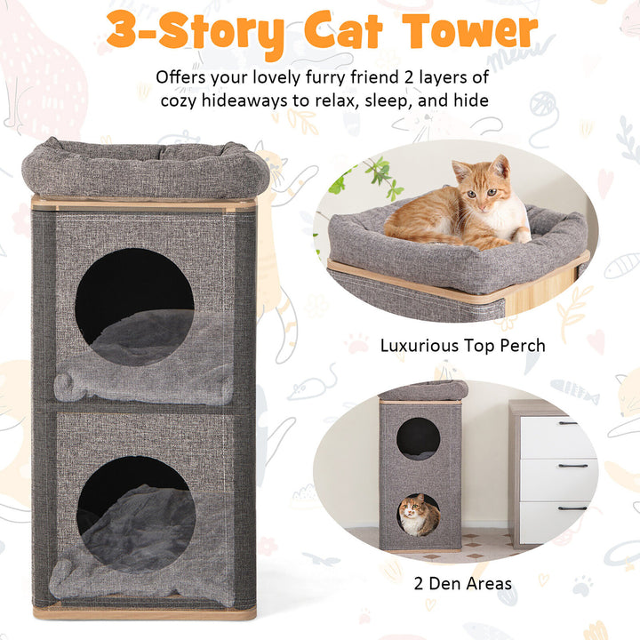 3-Story Cat House Multi-Layer Kitten Condo with Scratching Board Perch Cushions Image 7