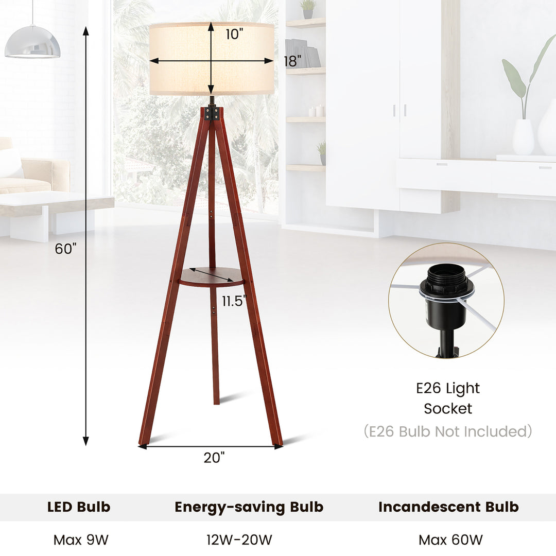 Tripod Floor Lamp Wood Standing Lamp w/ Flaxen Lamp Shade and E26 Lamp Base Image 3