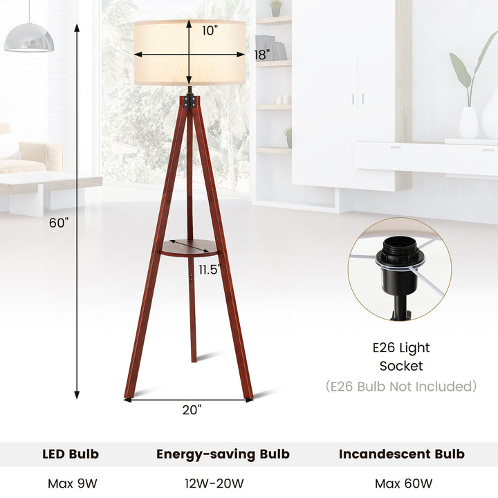 Tripod Floor Lamp Wood Standing Lamp w/ Flaxen Lamp Shade and E26 Lamp Base Image 3