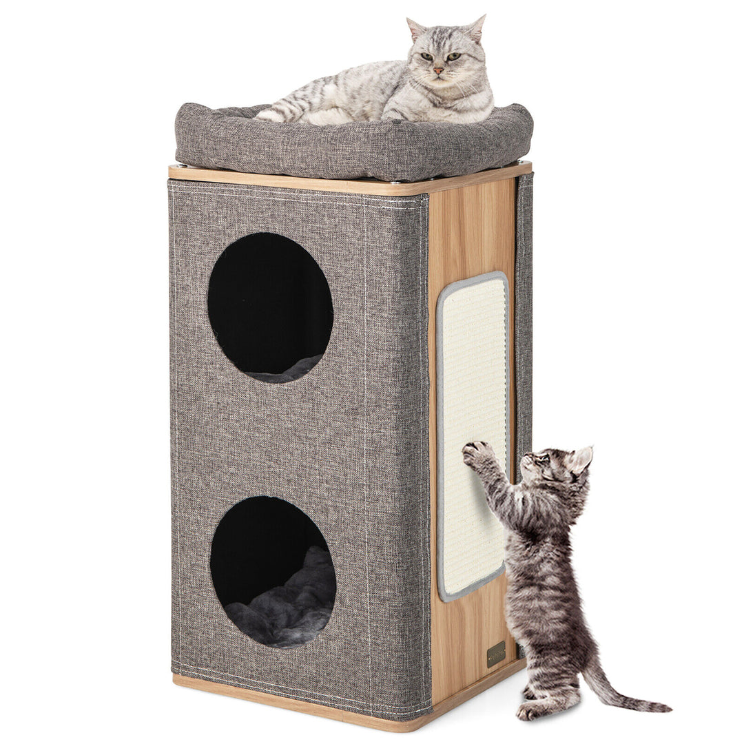 3-Story Cat House Multi-Layer Kitten Condo with Scratching Board Perch Cushions Image 10