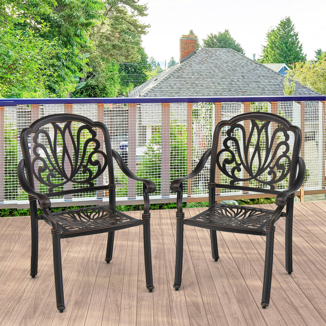 4 Pieces Cast Aluminum Chairs Set of 2 Stackable Patio Dining Chairs w/ Armrests Image 4