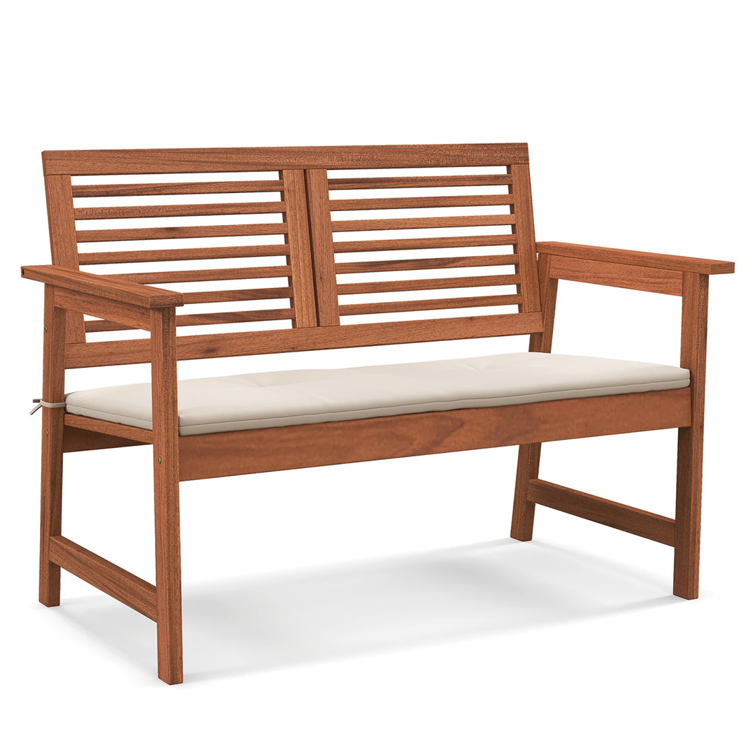 Outdoor Bench with Cushion 2-Person Patio Bench w/Slatted Back and Seat Garden Backyard Balcony Image 1