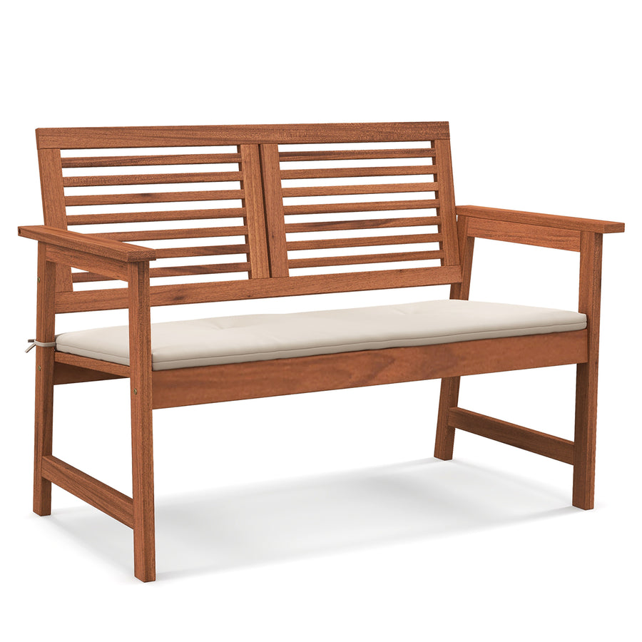 Outdoor Bench with Cushion 2-Person Patio Bench w/Slatted Back and Seat Garden Backyard Balcony Image 1