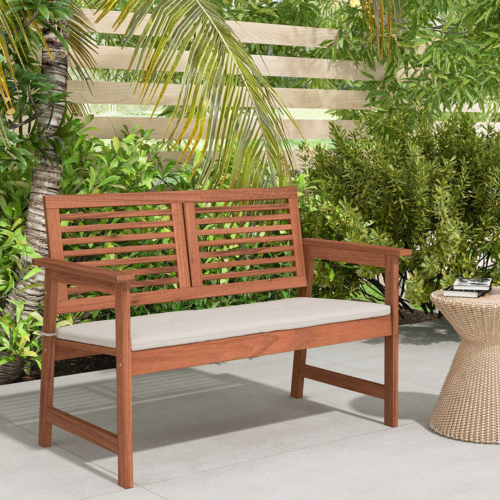 Outdoor Bench with Cushion 2-Person Patio Bench w/Slatted Back and Seat Garden Backyard Balcony Image 2