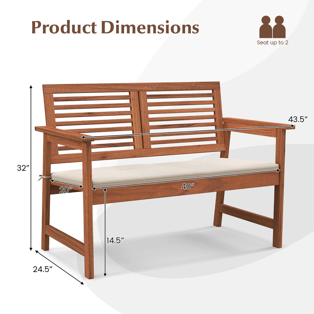 Outdoor Bench with Cushion 2-Person Patio Bench w/Slatted Back and Seat Garden Backyard Balcony Image 3