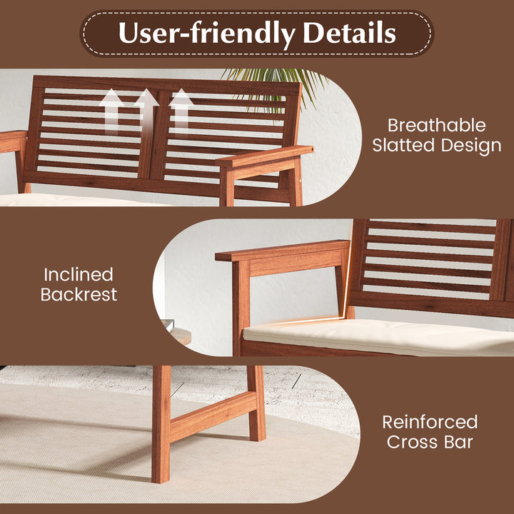 Outdoor Bench with Cushion 2-Person Patio Bench w/Slatted Back and Seat Garden Backyard Balcony Image 7