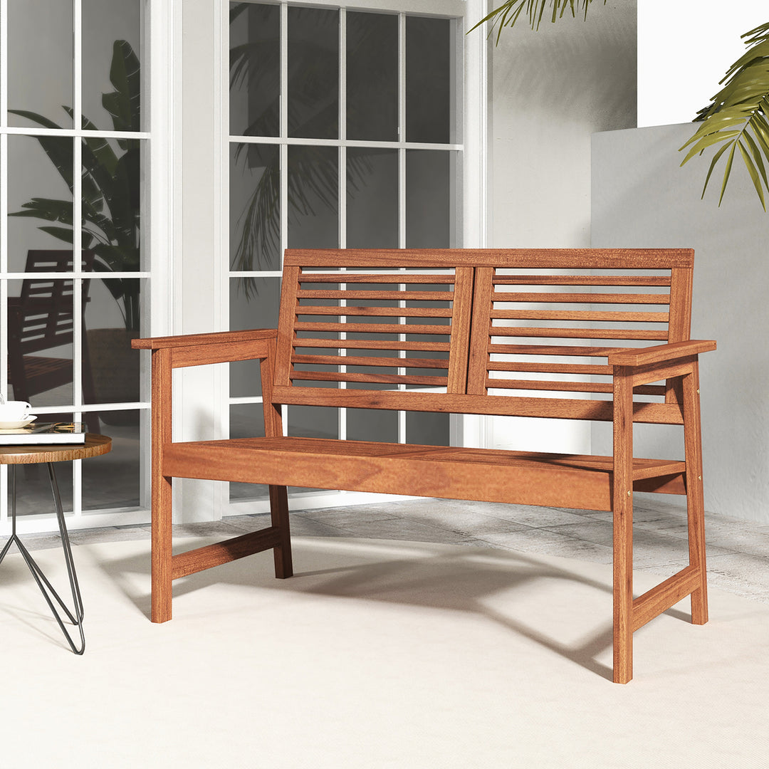 Outdoor Bench with Cushion 2-Person Patio Bench w/Slatted Back and Seat Garden Backyard Balcony Image 8