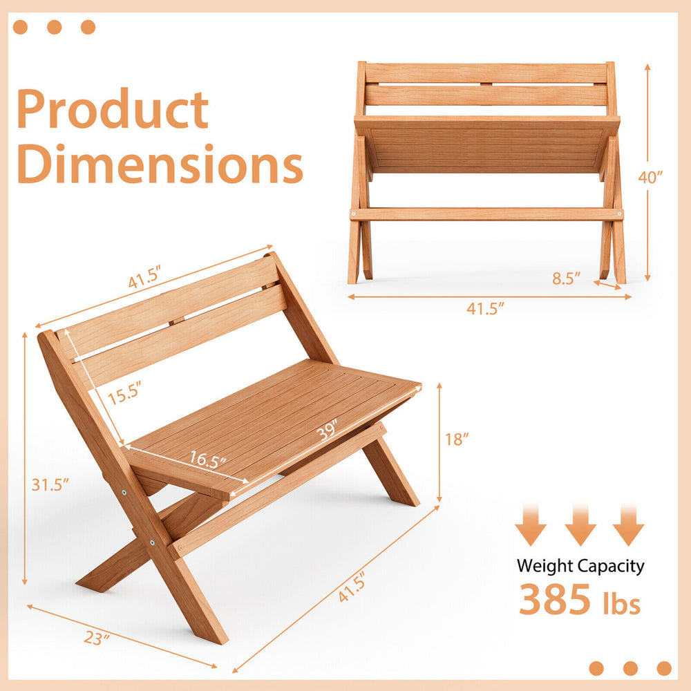 Indonesia Teak Wood Outdoor Bench Folding 2-Person Patio Garden Bench Loveseat Image 2