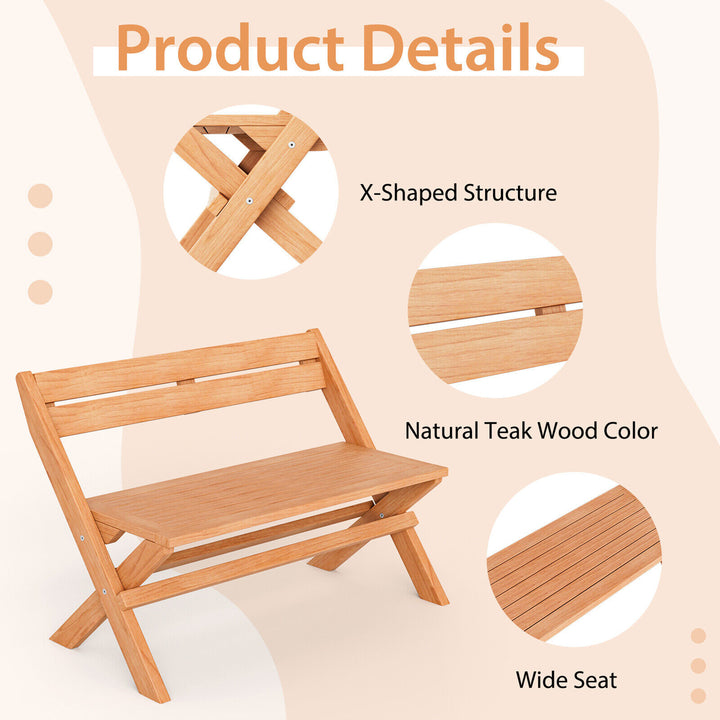 Indonesia Teak Wood Outdoor Bench Folding 2-Person Patio Garden Bench Loveseat Image 4