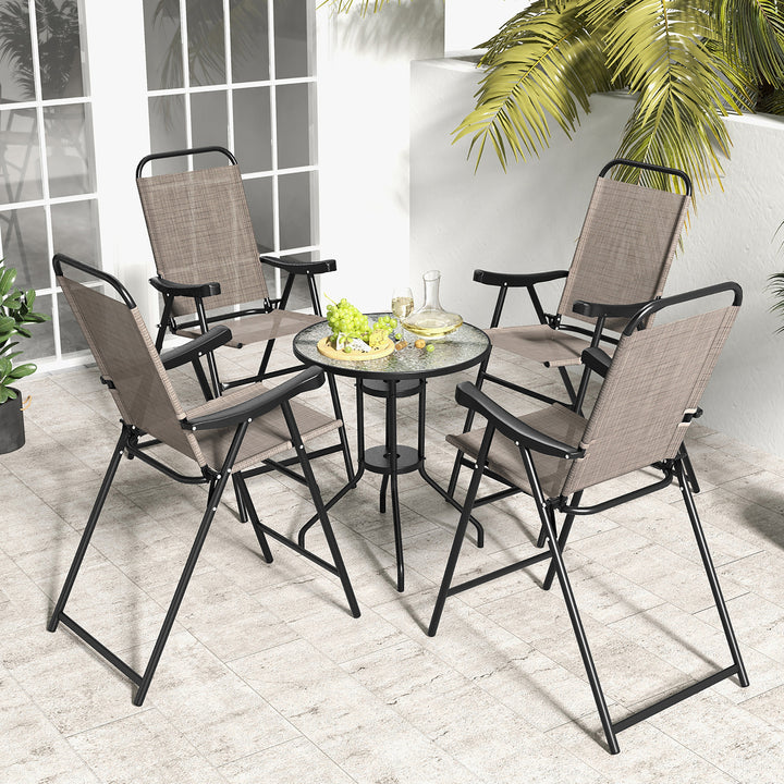 4 PCS Patio Bar Chair Folding Bar Height Metal Frame w/ Footrest Garden Brown Image 2