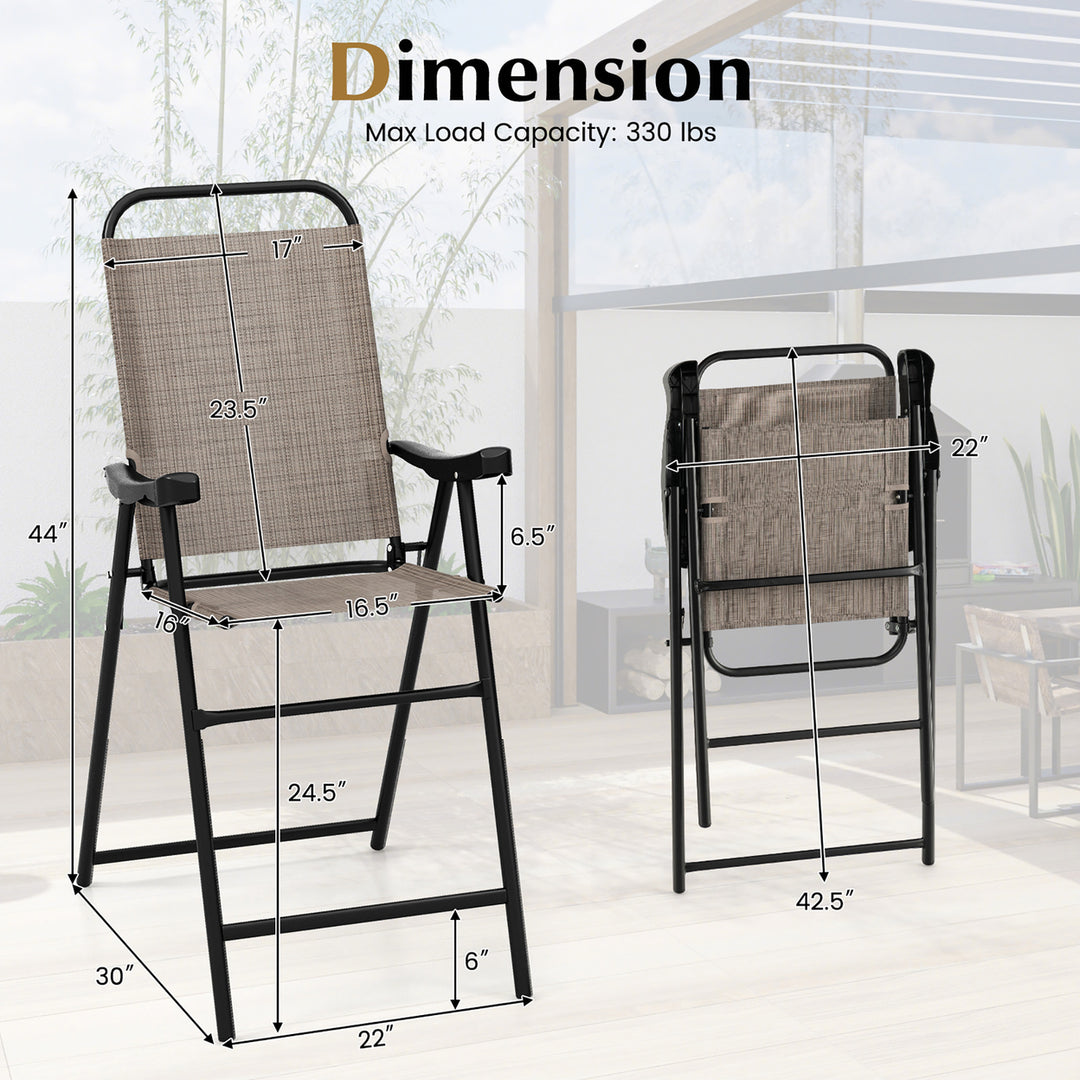 4 PCS Patio Bar Chair Folding Bar Height Metal Frame w/ Footrest Garden Brown Image 3