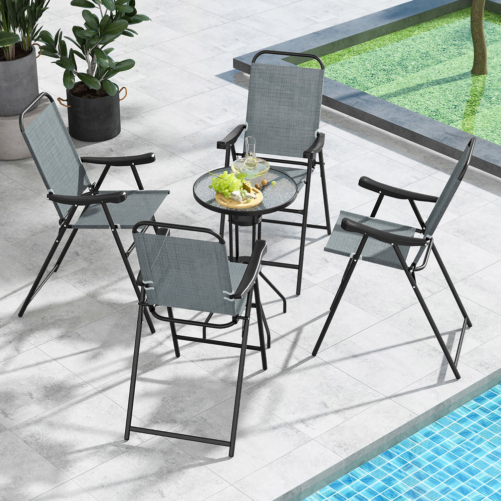 4 PCS Patio Bar Chair Folding Bar Height Metal Frame w/ Footrest Garden Blue Image 2