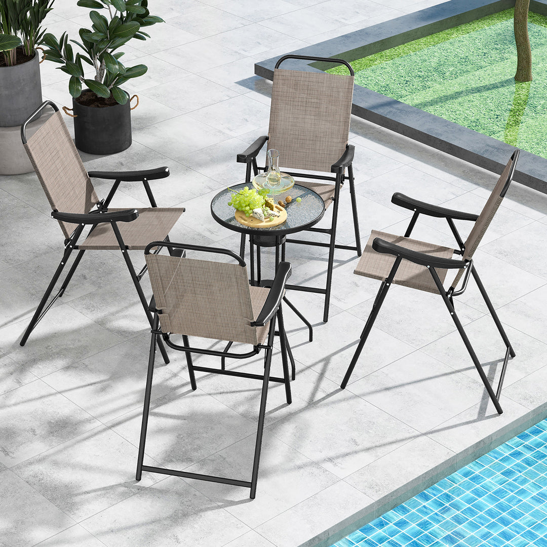 4 PCS Patio Bar Chair Folding Bar Height Metal Frame w/ Footrest Garden Brown Image 4